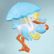Stork With Umbrella and Baby Decoration, Pick Cake Topper for Baby Shower - Blue (Lot of 12) SALE ITEM